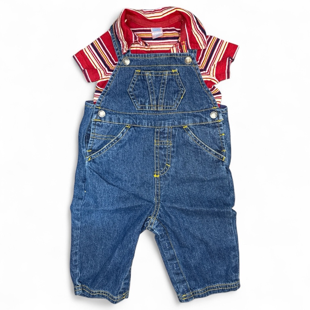 Blue Denim Overalls with Red Striped Shirt